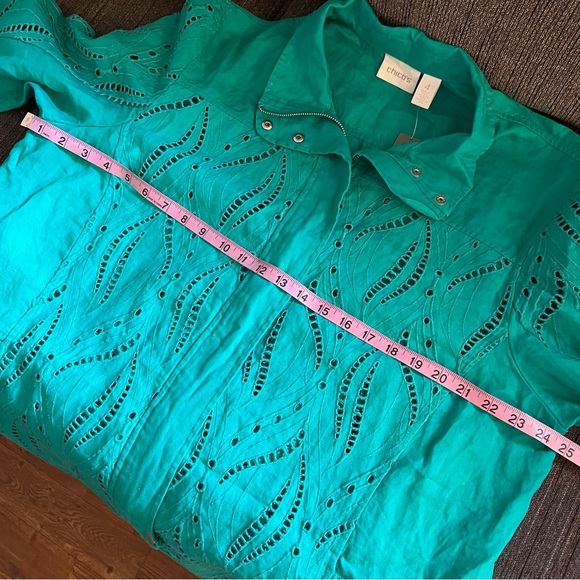 CHICOS EYELET %100 LiNEN JACKET
3/4 SLV JACKET CONGO GREEN
570201928 SIZE 4 - Picture 8 of 16